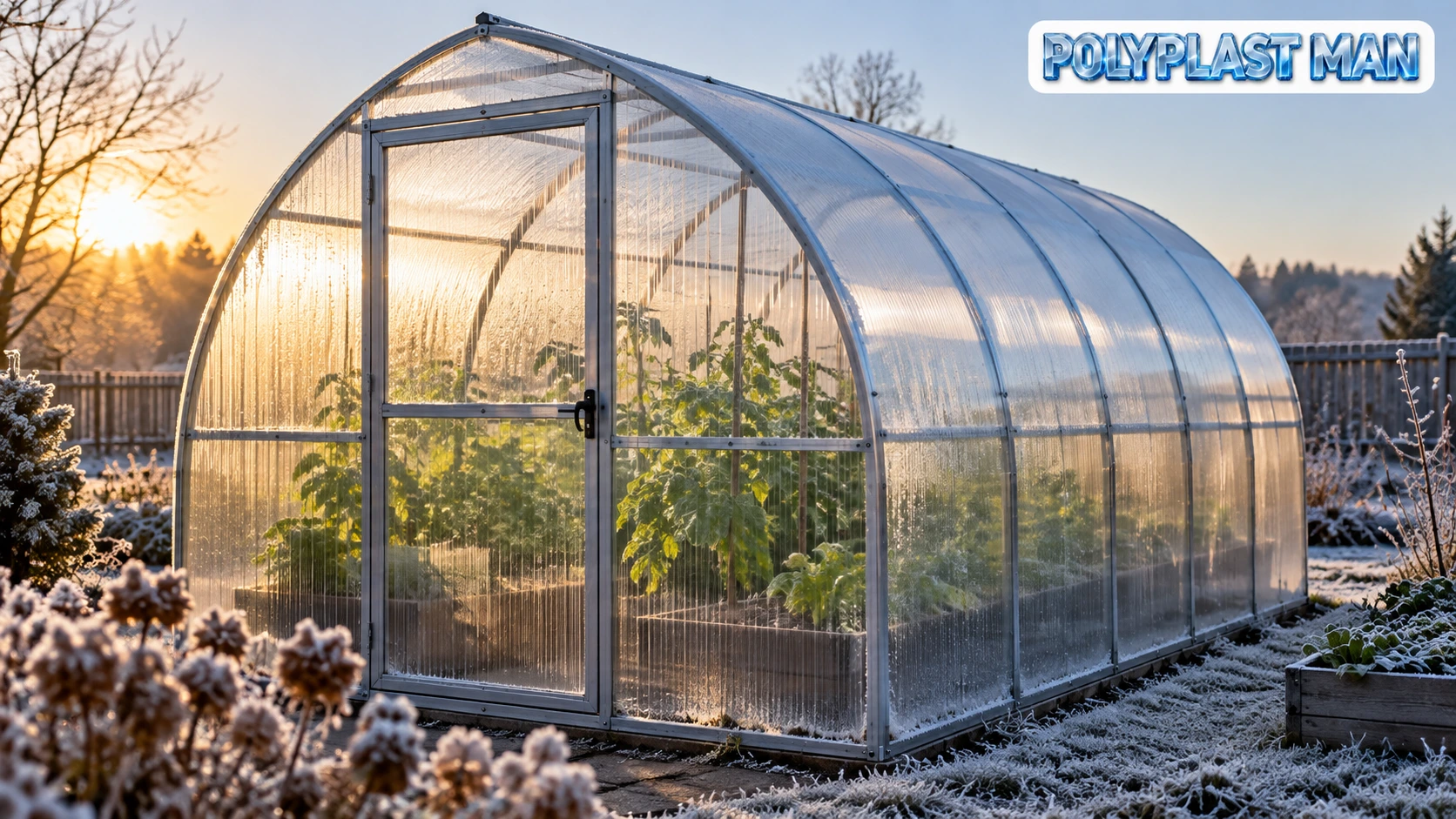 Photo-style illustration of a polycarbonate greenhouse in a frosty garden