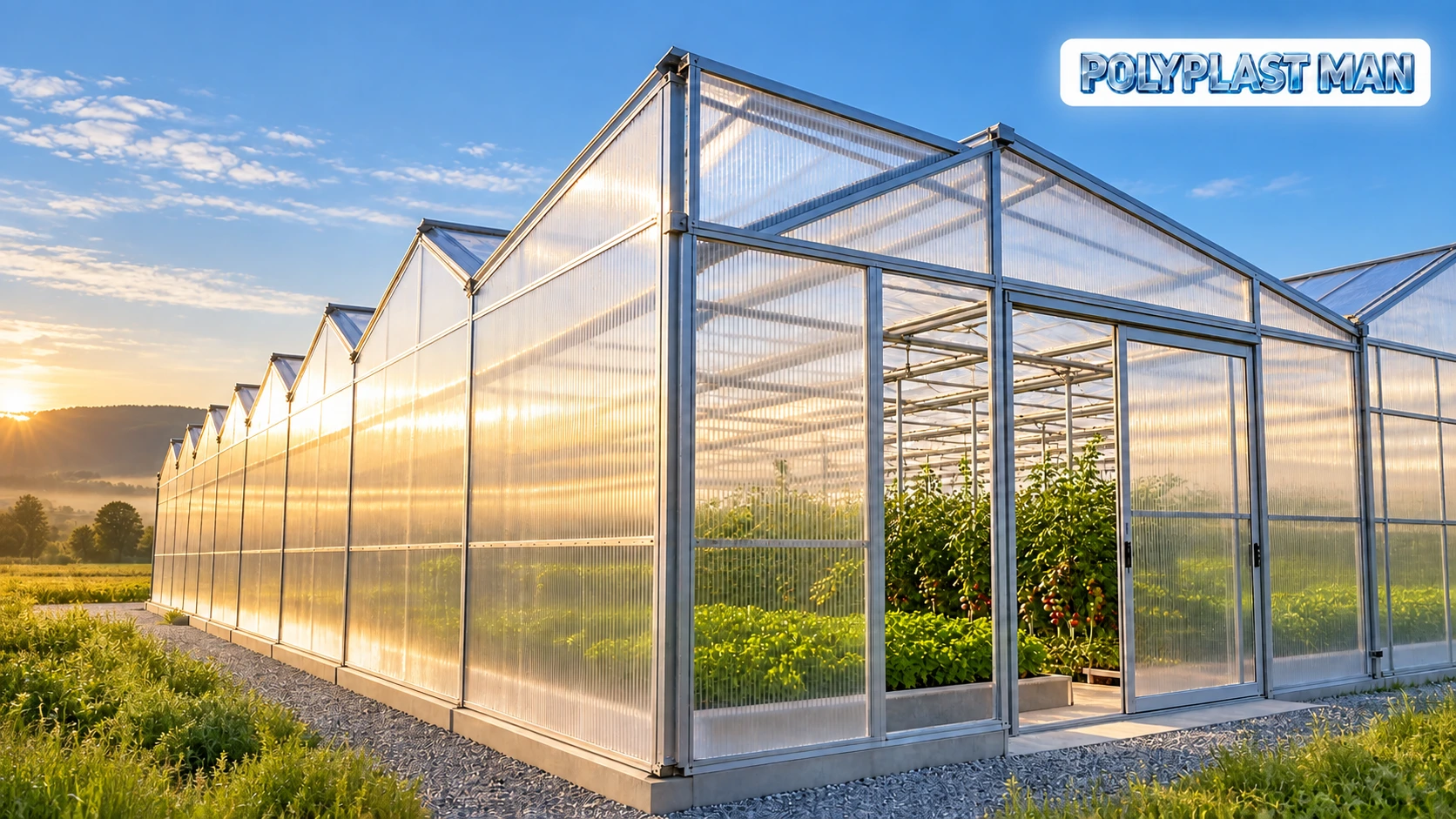 Photo-style illustration of a commercial greenhouse with ribbed polycarbonate panels