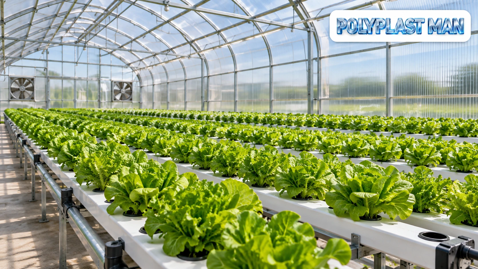 Photo-style illustration of hydroponic lettuce channels inside a polycarbonate greenhouse