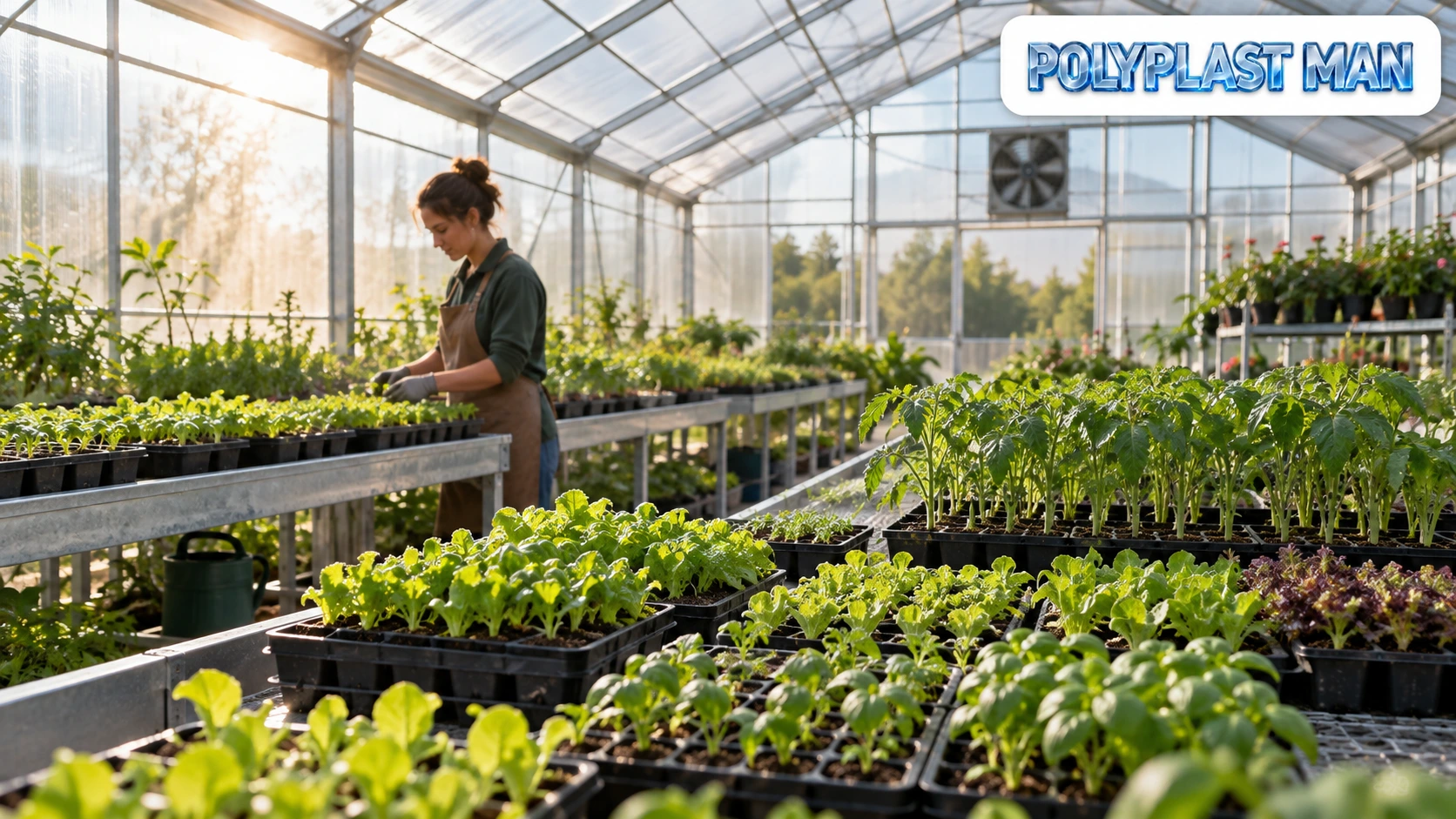 Photo-style illustration of propagation trays in a polycarbonate greenhouse nursery