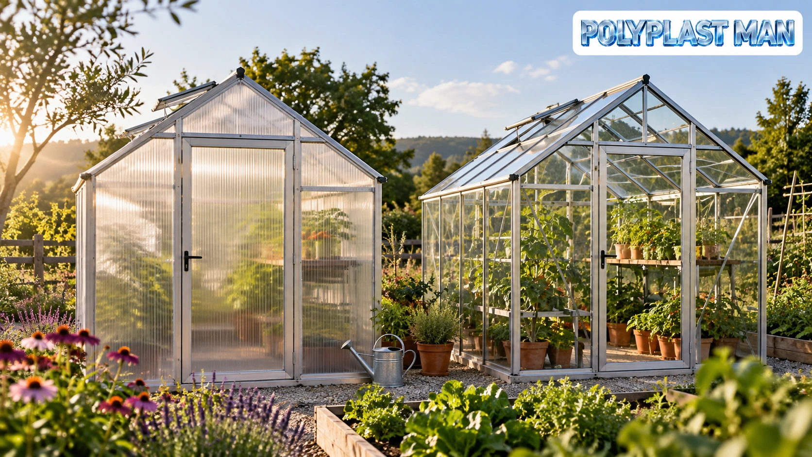 Photo-style illustration of polycarbonate and glass greenhouses side by side