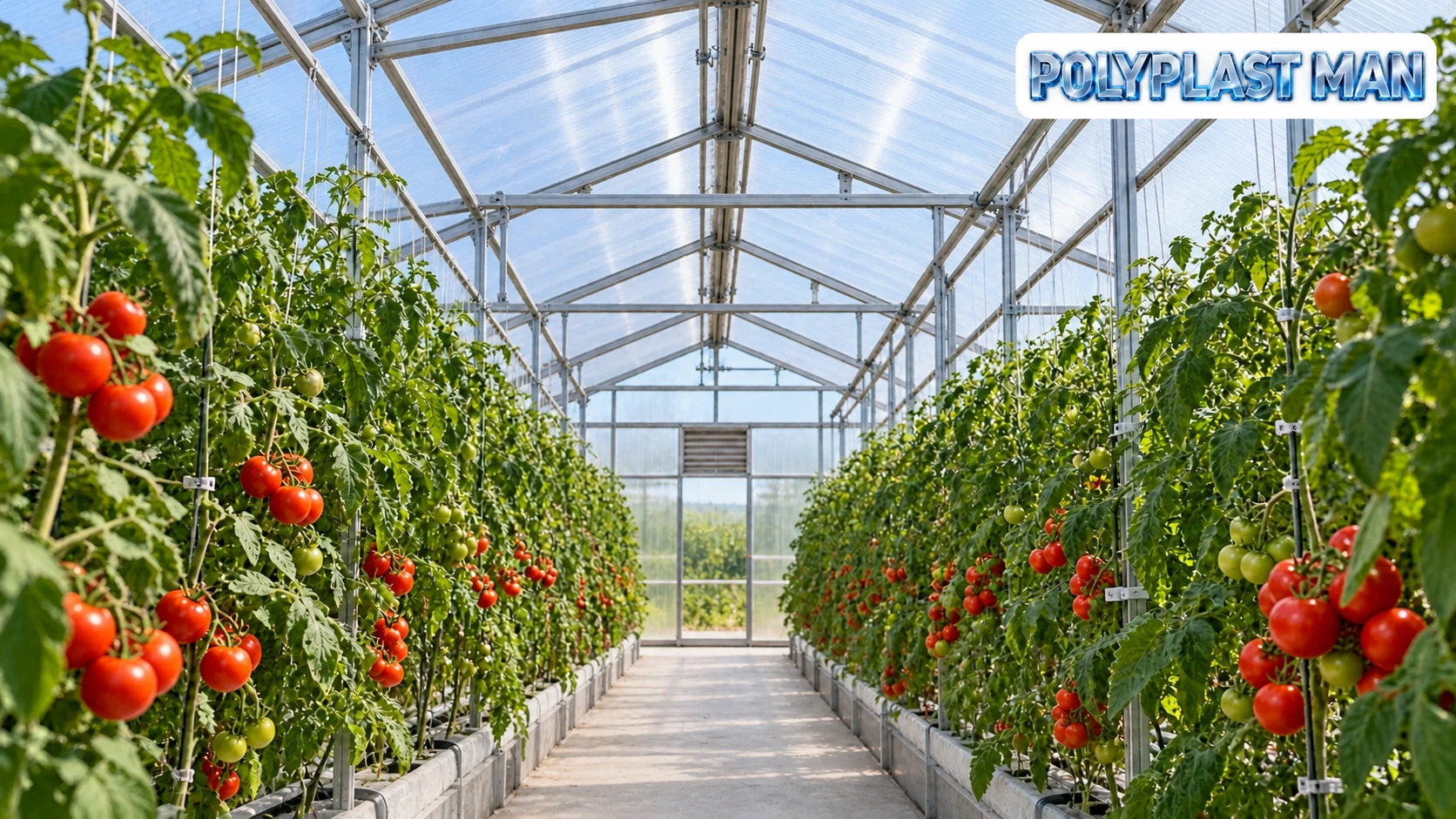 Photo-style illustration of tomato rows beneath translucent greenhouse panels