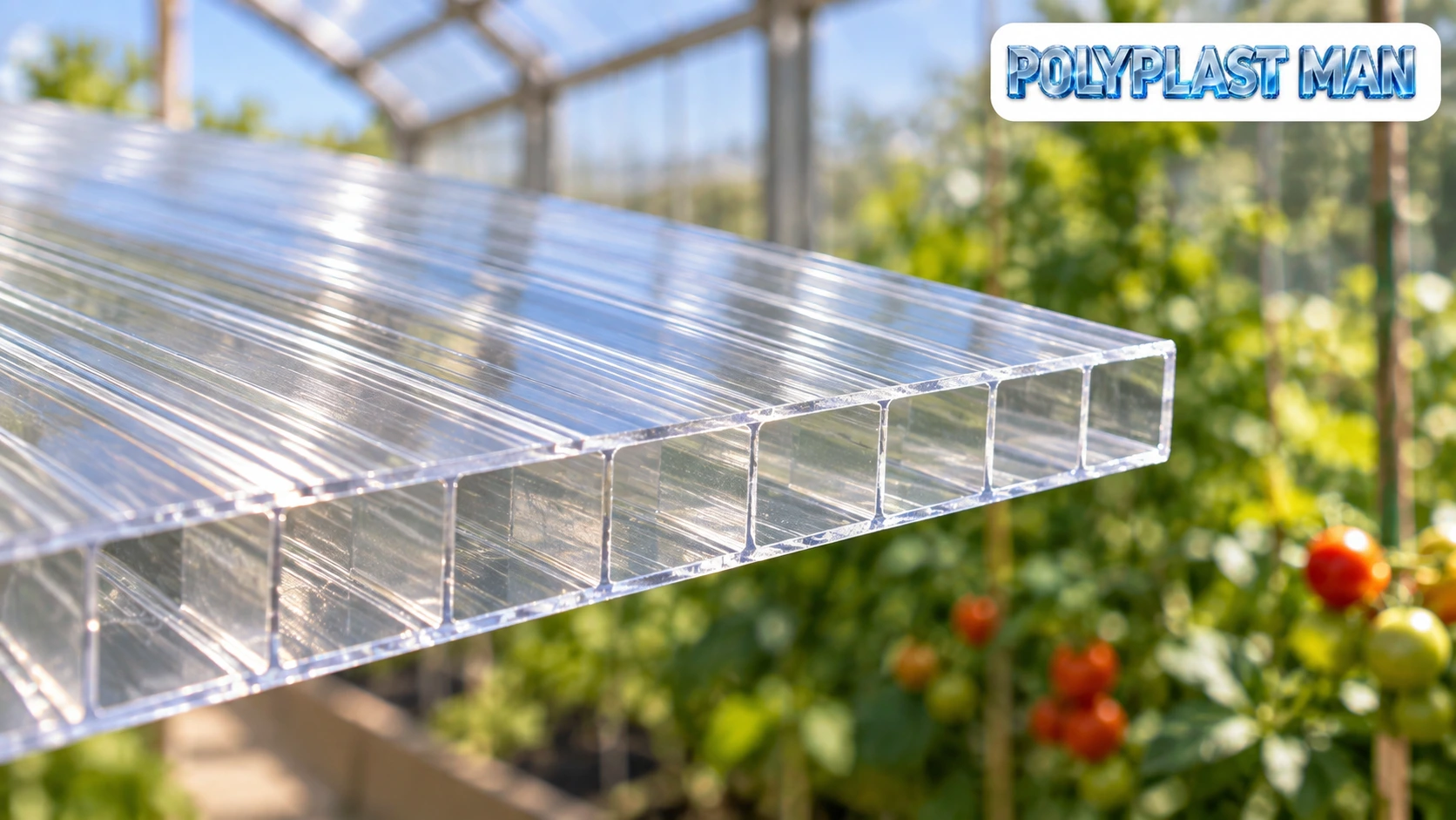 Photo-style close-up of a clear twinwall polycarbonate panel showing internal chambers